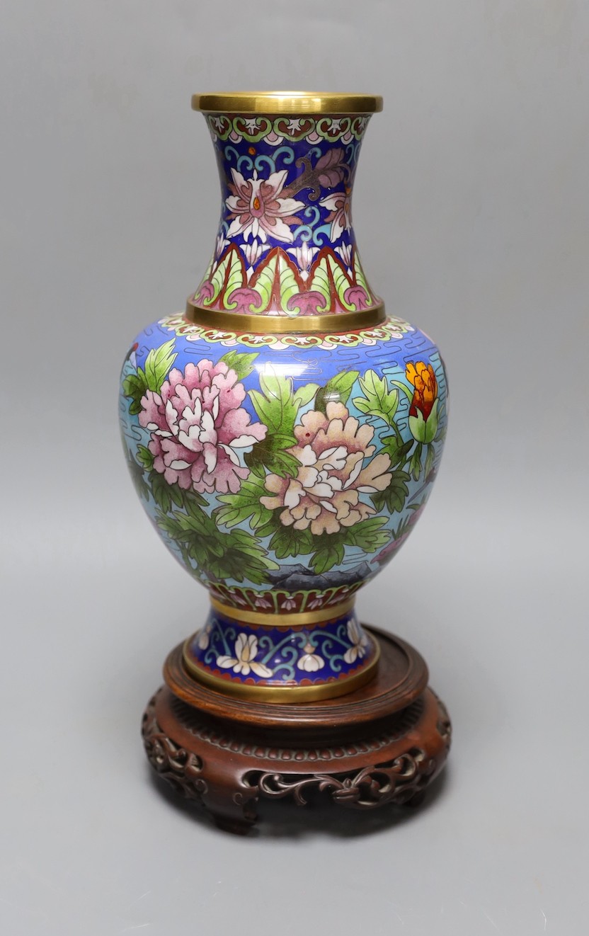 A Chinese cloisonné enamel vase, wood stand 32cm total height